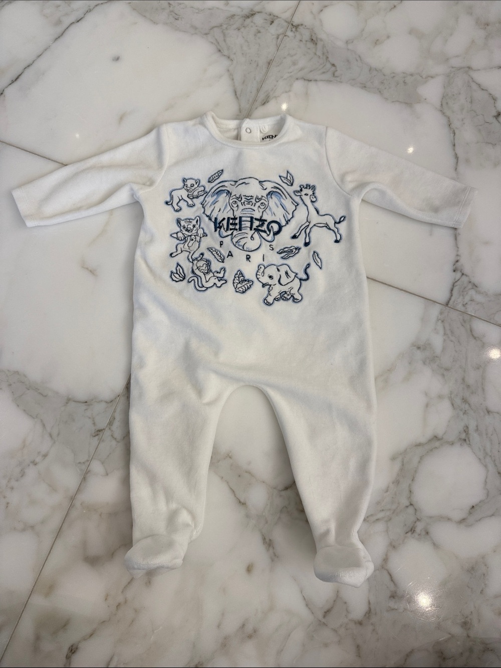 Kenzo Baby White Tiger & Animal Embroidered Footed Romper
